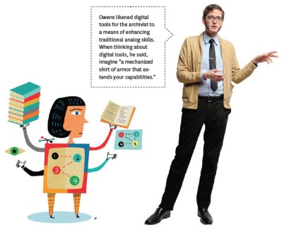 An image of me gesturing into space with a cartoon mecha archivist from the Radcliffe alumni magazine. 